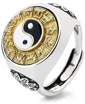 CUSIOALQQ Vintage 990 Silver Plated Tai Chi Yin Yang Spinner Ring for Men, Taoism Zen Spirit Talisman Signet Band Ring Gift, Chinese Style Zodiac Trendy Promise Wedding Ring Open Adjustable