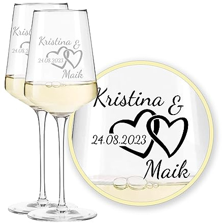 LEONARDO Puccini Weißweinglas, Hochzeitsglas mit Gravur, personalisiert mit Namen, Wunschname, Datum, Wunschtext, Hochzeitsgeschenk für Brautpaar, Ehepaar, Hochzeitstag, Jubiläum