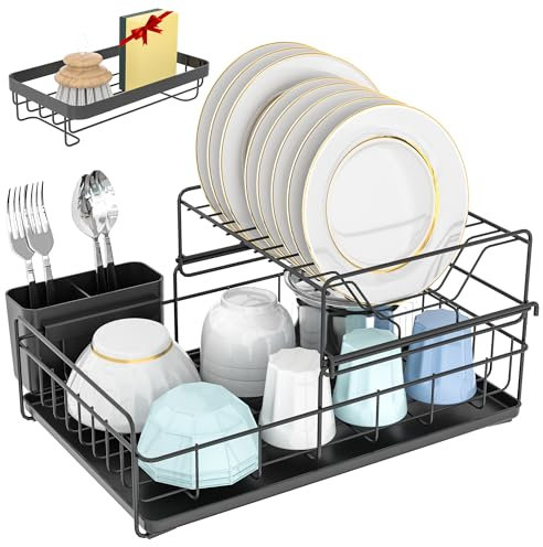 NURADA - Escurreplatos Acero Inoxidable - Escurridor de Platos + Organizador Fregadero - Escurridor Fregadero de 2 Niveles Ajustables para Platos y Vasos - Escurre Platos Antióxido - Negro