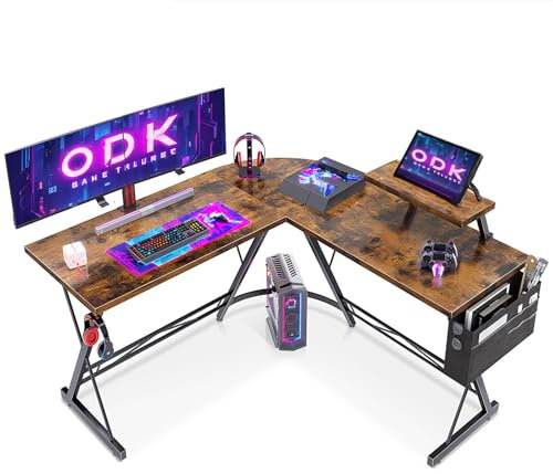 ODK L Shaped Gaming Desk with Monitor Stand, 127x127x75 cm Computer Desk with Storage Bag, Corner Desk for Gaming, Home, Office, Vintage Brown