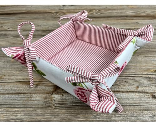 matches21 HOME & HOBBY Bonita cesta de pan de tela Dorrit en blanco y rosa Panera con estampado de rosas en estilo rústico lavable - Cesta para panecillos de 100% algodón para la cocina