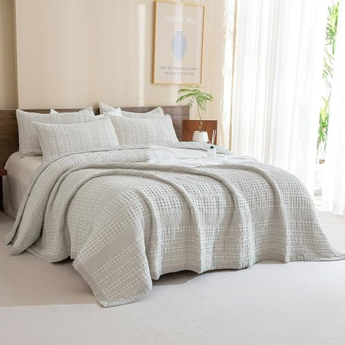 Sanracie Cotton Oversized King Bedspread(120x120),Khaki Waffle Quilt Set 3Pcs Soft Lightweight Extra Large King Quilt Bedding Set,Farmhouse Coverlet Quilt Set Shabby Vintage Chic Bedding Set