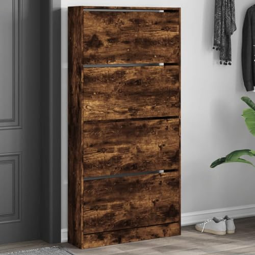 ZEYUAN Schuhschrank mit 4 Klappen Räuchereiche 80x21x163,5 cm, Schuhorganizer, Flurgarderobe, Shoe Cabinet, Schuh Schrank, Flurschrank, Schuhkipper, Schuhaufbewahrung - 3214368