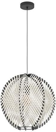 EGLO Hängelampe Waverton, Pendelleuchte über Esstisch | Esszimmerlampe 1-flammig aus Metall und Holz in Schwarz, Textil in Weiß, Hängeleuchte mit E27 Fassung, Ø 48 cm