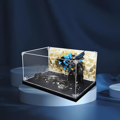 Acryl-Vitrine mit Schraube für Batman Baufigur und TheBat-Pod Bike 76273 (Model-Set ist Nicht im Lieferumfang enthalten) (mit Hintergrund)