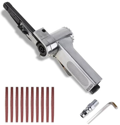 TOOSOAR Levigatrice Pneumatica,con 10 pezzi di Nastri Abrasivi 330 * 10 mm,per Legno, Metallo, Pietra per Levigare, Limare