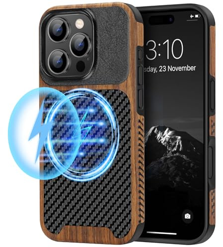 TENDLIN Magnetische Hülle Kompatibel mit iPhone 16 Pro Max Hülle (Schwarz) | Holz und Carbon Textur Design Leder Hybrid Handyhülle (Kompatibel mit MagSafe)