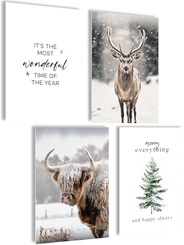 mojoliving Winter Poster Set 4er Set Wandbilder Hirsch Hochlandrind Tannenbaum Sprüche A4 Kunstdrucke Skandi Stil Weihnachten Deko Wohnzimmer Flur Café