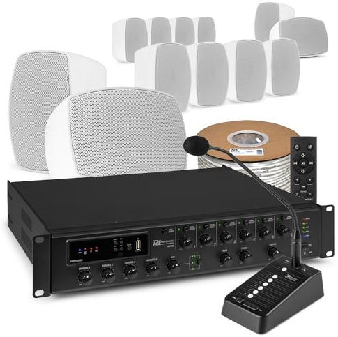12x PD BHW40WH 4 Wall Mounted Speaker System with 6-Zone Paging Mic, Weatherproof Outdoor Commercial Speakers, Bluetooth, USB Media Player, and Desk Microphone/outdoor speaker system