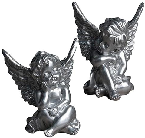 Engelsstatue, 2 Stück Engelsfiguren aus Kunstharz, dekorative glänzende Engelskulpturen, kleine Engel-Figuren, elegante Engelsstatuen für Haus, Garten, Friedhof und Outdoor-Dekoration