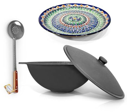 ZARENHOFF Hierro fundido Kazan 16 L Ø 46,5 cm de fondo plano con Lagan Ø 37 cm Espumadera para olla Plov uzbeko WOK Kazan Ljagan Namangan Asia Казан казан казан (Set 617)