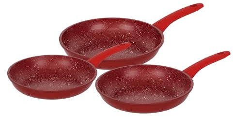 Herzberg, HG04807-RED, Ensemble de poêles à frire avec revêtement antiadhésif, poignées en silicone ergonomiques, sans PFOA, excellente rétention de chaleur, 3 Pièces, Rouge