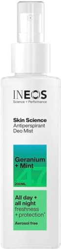 INEOS Skin Science, All Day + Night 24H Protection Antiperspirant Deodorant Mist Spray Geranium + Mint, Aerosol Free + Lasts 10X Longer Than Ordinary Antiperspirant, 200ml, Packaging May Vary