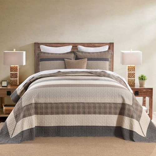 Finlonte 100% Cotton 120x120 California King Bedspread, Cal Oversized King Bedspread Coverlet Extra Large Quilt Set, Stripe Farmhouse Quilted Bed Spread Lightweight Comforter, Charcoal/Beige, 3 pcs
