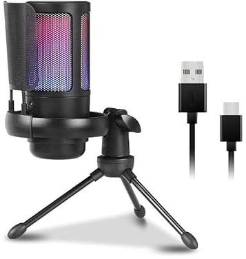 BRAVECOW Gaming USB Microphone with RGB Lighting | Studio-Quality Noise-Canceling Condenser Mic, Plug & Play Perfect for PC Laptop Streaming, Podcasting & Gaming (Black)