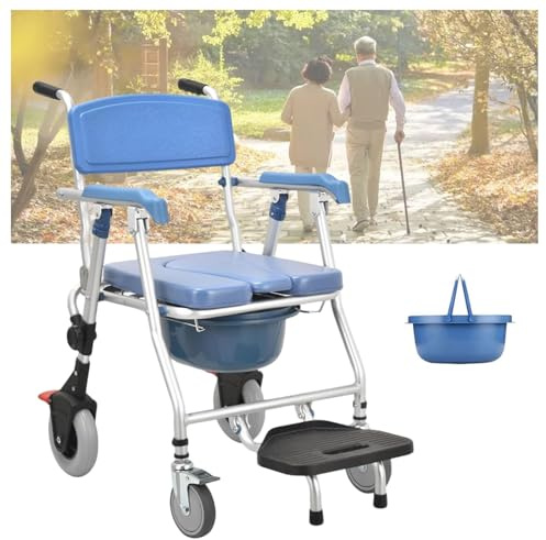 Duschstuhl mit Rollen, zusammenklappbar, Duschstuhl für Senioren, mit Armlehnen und Rückenlehne, bis 150 kg, für Senioren, Schwangere, Behinderte (Blau)