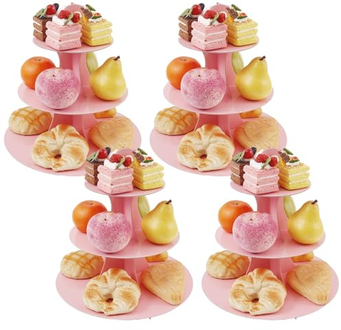 4 Pack 3 Tiers Cake Stand Round Cardboard Cupcake Stand Afternoon Tea Display Stands Reusable Dessert Tower Food Party Server Plates Stands for Baby Shower, Wedding, Birthday, Graduation Party(Pink)