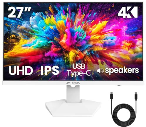 CRUA 27 4K White Monitor, UHD(3840x2160P) IPS Panel, 60Hz Computer Monitor, Supports AMD Freesync, USB Type-C, 120% sRGB, Built-in Speakers, Wall Mountable, for Work, Streaming, and Home Office