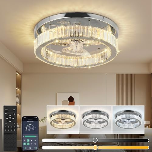 RHEAFON Quite Ceiling Fans with Lights and Remote Smart Ceiling Fan Dimmable LED Bladeless Modern Crystal Ceiling Fan for Bedroom Living Room Dining Room Fan Reversible and 6 Speeds (45cm