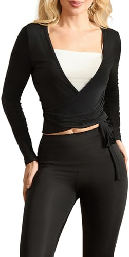 LYSINK Haut à nouer croisé à manches longues et col en V profond pour femme, couleur unie, coupe ajustée, pour yoga, pilates, ballet, entraînement, Ba Noir, L