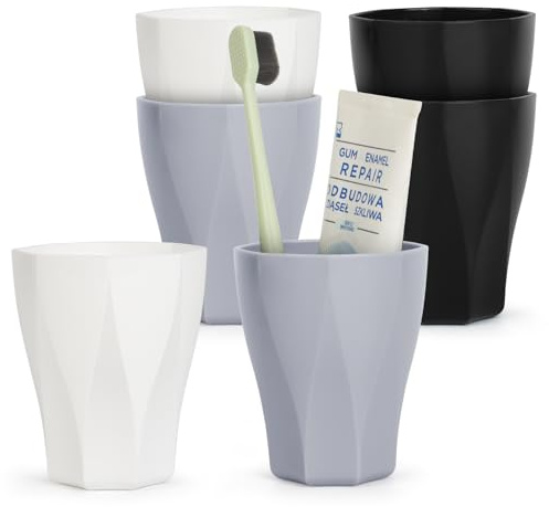 Topsky 6-Pieces Dishwasher Safe Plastic Tumblers Travel Mouthwash Cup Reusable Water Cup Travel Camping Portable Cups Coloured Plastic Cups 2Black+2White+2Light Grey 250ml