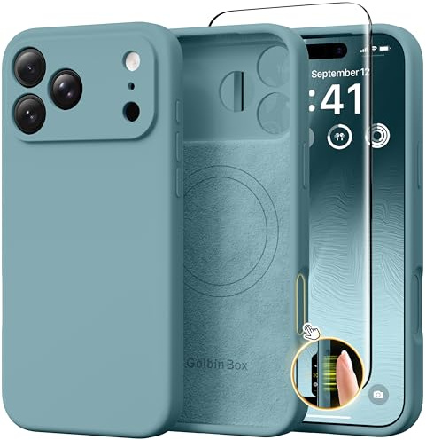 GolbinBox Magnetic for iPhone 17 Pro Max Case, Compatible with MagSafe, [Full Camera Protection] [Screen Protector], Silicone Shockproof Phone Cover with Anti-Scratch Microfiber Lining, Wave Green