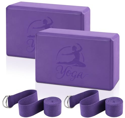 2 Yoga Block and 2 Yoga Strap Set, Non-slip EVA Foam Blocks, High Density Yoga Bricks with 6ft Strap, Supportive Latex-Free Yoga Block Accessories for Pilates, Stretching (Purple, 9×6×3)