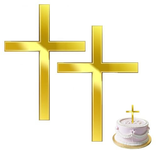 KLINNA Lot de 2 décorations de gâteau miroir en forme de croix en acrylique doré pour baptême et communion, idéal pour confirmation, mariage, fête d'anniversaire de fille et garçon (régulière)