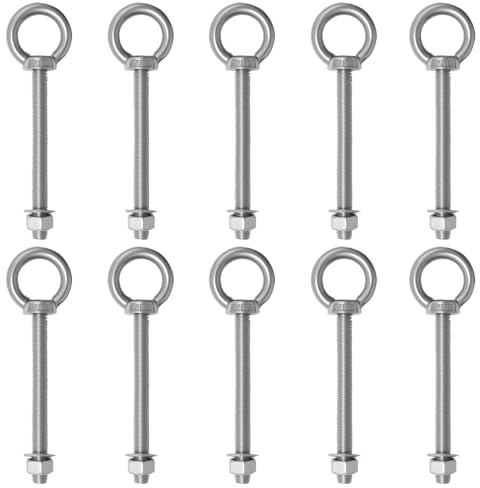 JUUDDENPARTS 10 Set Threaded Eye Bolts, M10x100mm 304 Stainless Steel Eye Bolts with Nuts Washers, for Clotheslines Chain Link Fence Hangers Lighting Fixtures(Silver)