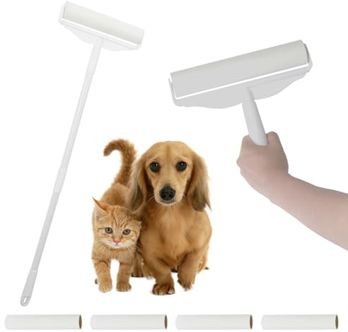 Rodillo de pelusa de 24 cm con 5 cabezales de relleno, mango ajustable de 49 pulgadas, para eliminar el pelo de las mascotas, polvo de ropa, adhesivo para ropa, sofá, cama, alfombra, piel de