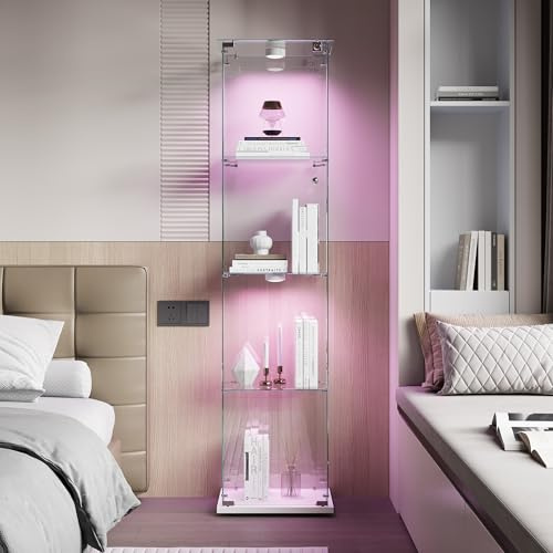 Glas Vitrine mit LED, Glasvitrine Standvitrine mit Tür und Schloss, Vitrine Beleuchtet für Sammlungen, 4 Lagen Sammlervitrine Vitrinenschrank, für Schlafzimmer Büro (klein+Weiße Base+Sensorlicht)