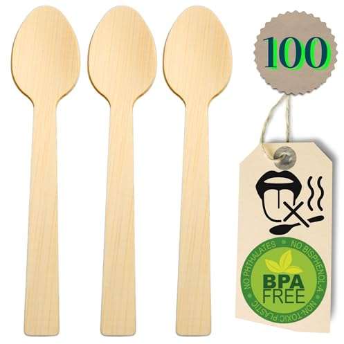 Sans goût de bois - 100 Cuillères Jetables Compostables en Bambou Ecologique - Set de 100 Cuillères 16 cm. Picnic, Barbecue, Fête, Camping @Claudi Home