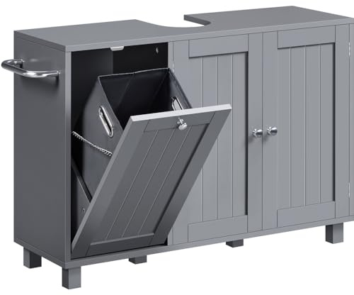 Yaheetech Meuble Salle de Bain avec Panier à Linge Intégré, Meuble sous Lavabo avec Panier à Linge Intégré, Porte-Serviettes Ajustable, Étagères Réglables, 90 × 30 × 62,5 cm, Gris foncé