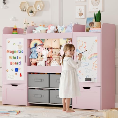 VortinT 61 W Kids Bookshelf, Toy Storage with 2 Magnetic Draw Boards, Toy Organizers and Storage with Stuffed Animal Storage, 2 Rolling Box, 4 Fabric Bins for Playroom, Nursery, Bedroom(Pink)