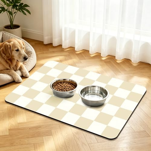 Napfunterlage Hund Absorbierende, Schnelltrocknende Futtermatte für Hunde und Katzen, rutschfest Hundenapf Unterlage Kariertes Haustier Fütterung Matte (Beige, 40x60cm)