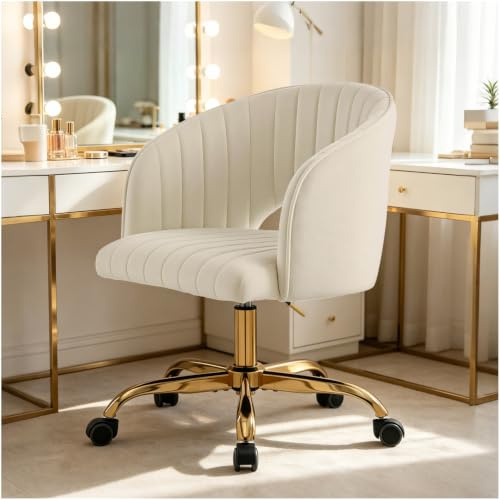 SUPPNEED Homeoffice Stuhl, Drehbar Bürostuhl Ergonomisch, Schreibtischstuhl Höhenverstellbar, Schminktisch Stuhl, Samt Drehstuhl Hochlehner, für Arbeitszimmer, Schlafzimmer(Cremeweiß-Samt)