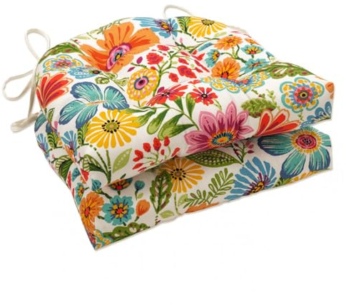 Pillow Perfect Bright Floral Indoor/Outdoor Tufted Wicker Chair Pad with Ties, 15.5 x 16, 2 Count, Blue/Purple Gregoire
