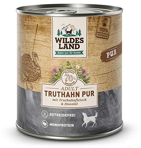 WILDES LAND – Truthahn | Nassfutter mit extra hohem Fleischanteil und natürlichen Zutaten für ausgewachsene Hunde. Getreidefreies Alleinfutter ohne Zusatzstoffe in der Dose | 6x800g Truthahn