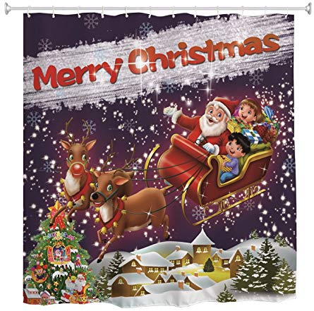 A.Monamour Duschvorhänge Rentier Ziehen Schlitten Weihnachtsmann Frohe Weihnachten Urlaub Kunst Dekore Wasserdicht Schimmelresistent Polyestergewebe Duschvorhang Für Bad-Accessoires 180X200 cm