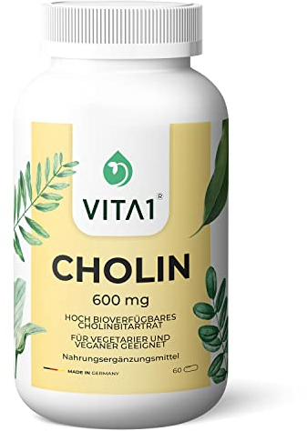 Cholin 600mg • 60 Kapseln• für einen normalen Fettstoffwechsel • VITA1 • Cholin-Kapseln für Veganer und Vegetarier