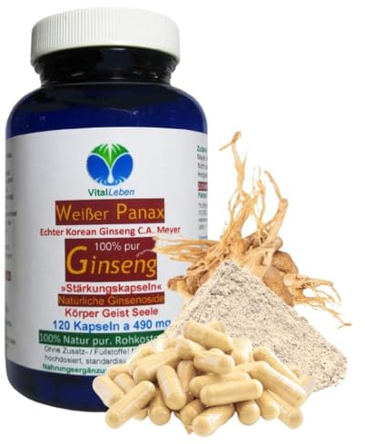 KOREA weißer PANAX GINSENG C.A. Meyer 120 Pulver Kapseln OHNE ZUSATZSTOFFE 100 % Natur pur ca. 20 % Ginsenoside. Traditionell geschätzt für Vitalität, Fokus & Ausdauer. 26775-120