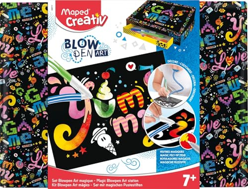 Maped CREATIV 846717 Puste BLOW PEN MAGIC-med sprut- och målarmall-inkl. 5 x färgskiftande pennor, olika 35 delar