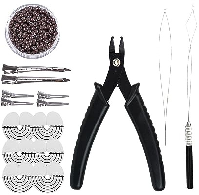 Hair Extensions Kit : 2 Holes Hair Pliers,500Pcs 3mm Silicone Hair Rings Beads, Pulling Needle and Loop Threader (Brown)