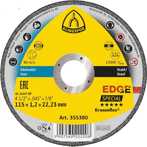 Klingspor Kronenflex EDGE 355380 Lot de 25 disques à tronçonner droits pour acier inoxydable, acier et aluminium 115 x 1,2 x 22,23 mm