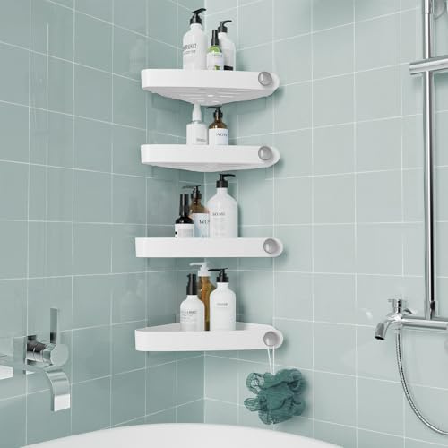 Sotfamily Plastic Shower Caddy Corner (for 90° Only), 4 Pack Adhesive Corner Shower Shelves for Bathroom Organizers and Storage, White
