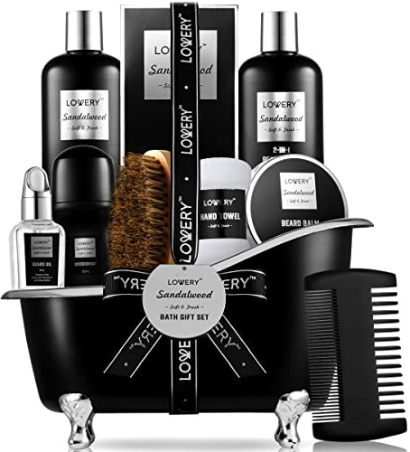 Gifts for Men, Valentines Day Gifts for Him Body And Wash Gift Set Beard Kit and Body Care, Sandalwood Spa Baskets, Bath and Beard Grooming Kit, for Husband, Dad, Beard Balm Growth Oil