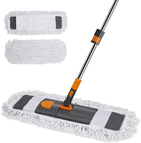 MASTERTOP Mopa de polvo para limpieza de suelos, microfibra, 2 almohadillas lavables, mango largo ajustable en altura, plana, seca, húmeda, 67 cm, madera dura, laminado, azulejos, mármol