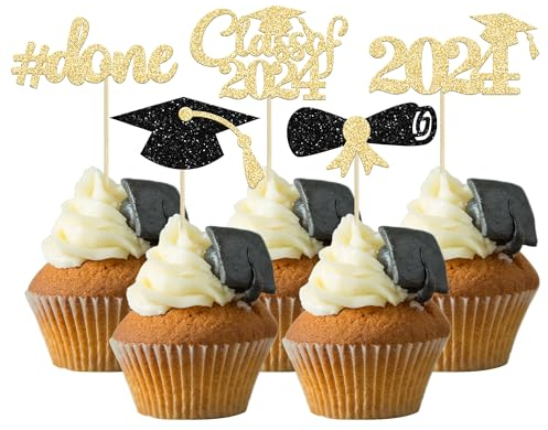 Gyufise 30Pcs 2025 Graduation Cupcake Toppers Gold and Black Glitter Class of 2025 Cake Toppers Graduation Done Cupcake Picks Grad Cap Diploma Cake Decorations for 2025 Grad Theme Party Cake