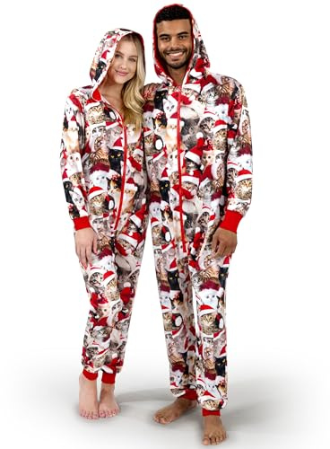 Giggling Getup Pijama navideño con Capucha y Estampado de Gato para Mujer, Pijamas navideños para Adultos con Bolsillos, Cierre de Cremallera, Talla XL