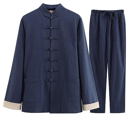 GVILTY Kampfsportanzug – Traditionelle Chinesische Kleidung Für Herren, Tang-Anzug, Kung-Fu-Uniformen, Baumwoll-Leinen, Tai-Chi-Uniform, Langärmelige Hosen, Mantel, Obertei Blue-XXL